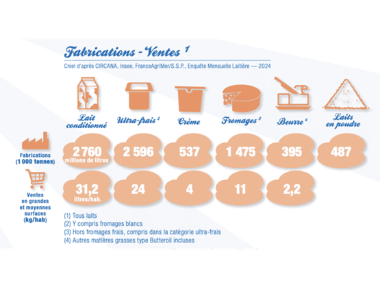 Infographie 2024 montrant les volumes de fabrication et la consommation par habitant en France pour six catégories de produits laitiers : lait, ultra-frais, crème, fromages, beurre et laits en poudre. Les chiffres incluent litres ou tonnes produits et ventes moyennes en grandes surfaces.