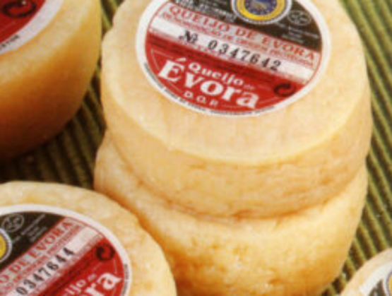 Fromages portugais Queijo de Évora DOP empilés, à pâte jaune et étiquette rouge et blanche indiquant leur appellation d’origine protégée.       