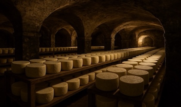 cave traditionnelle de Roquefort avec ses meules de fromage alignées, éclairées par une lumière douce mettant en valeur l’ambiance patrimoniale.