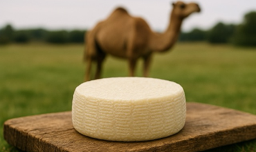  Fromage rond au lait de chamelle posé sur une planche en bois, avec une chamelle floutée en arrière-plan dans un pré. 