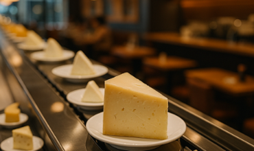 Assiettes de fromages variés défilant sur un tapis roulant dans un restaurant, rappelant le concept des kaiten sushi, mais dédié à la dégustation de fromages.