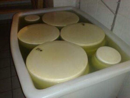Morceaux de Gailtaler Almkäse flottants dans des bacs blancs 