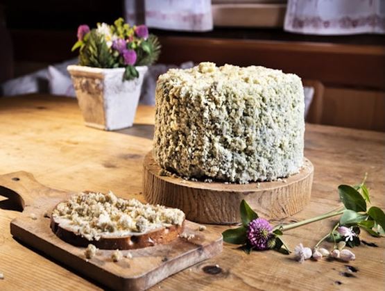 Fromage autrichien Ennstaler Steirerkas AOP présenté sur une planche en bois avec une tranche tartinée, sur une table rustique d’alpage, fleurs sauvages en décor.