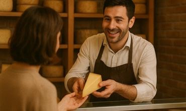 Cheesemonger selling cheese to a customer in his shop.